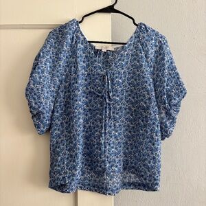 Loft Floral Bow Blouse Size S in Blue Yonder